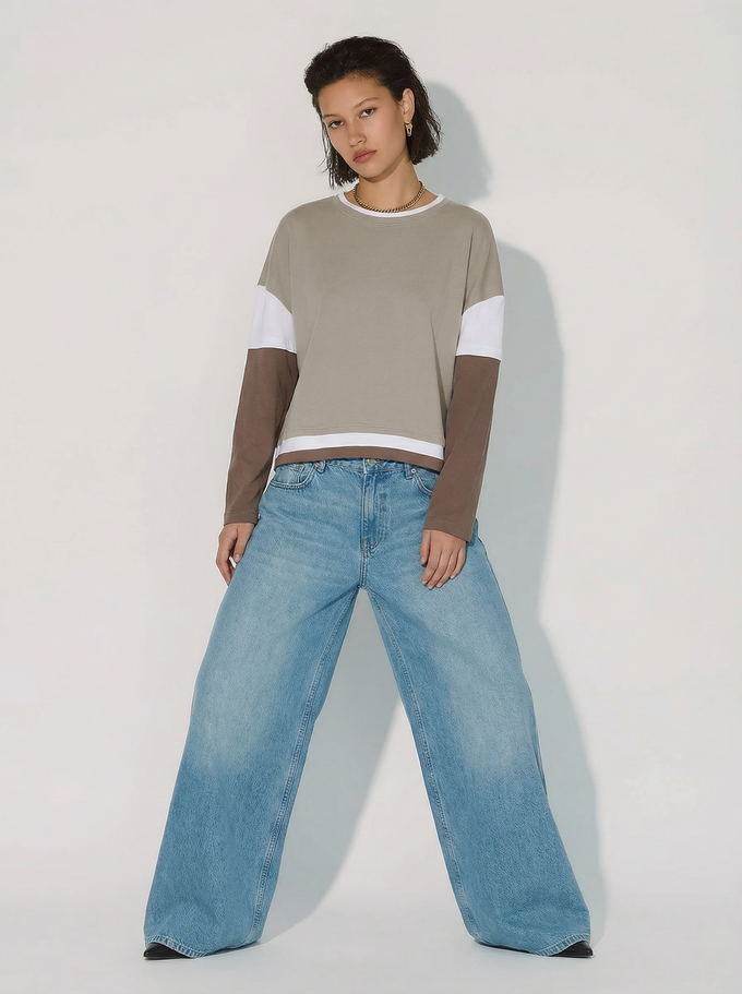 חולצת שכבות אוברסייז בטון