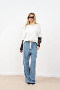 חולצת אוברסייז שרוול שיפון לבן | שחור