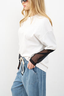 חולצת אוברסייז שרוול שיפון לבן | שחור